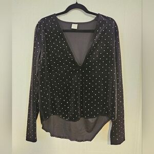 Womens XL rhinestone black velvet top long sleeve H&M short front long back V